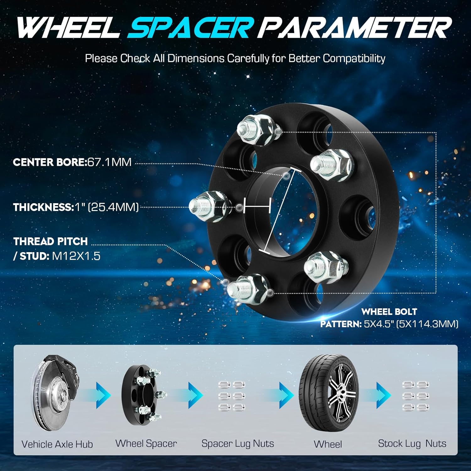 4pcs 5x4.5 1 inch (25.4mm) Hubcentric Wheel Spacers with 67.1mm Bore for Hyundai Elantra Veloster Sonata Santa Fe, Genesis Coupe, Mazda 5 MX-5, 5x114.3 M12x1.5 Thread 5 Lugs Wheel Adapters