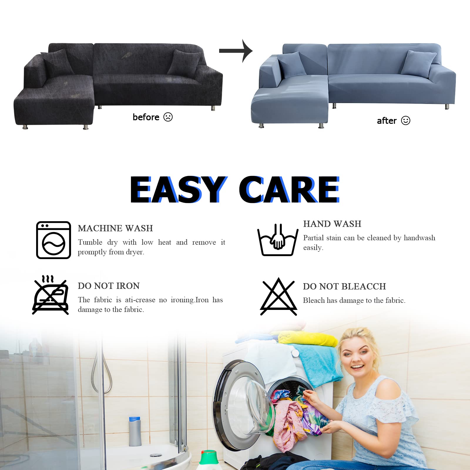 Lydevo Copridivano con Penisola Elasticizzato,Copridivano Angolare a Sinistra/Destra Universale con 2 Federi,Fodere Divano Penisola Forma di L,Chaise Longue Sofa Cover(3 Posti+4 Posti,Grigio Blu)