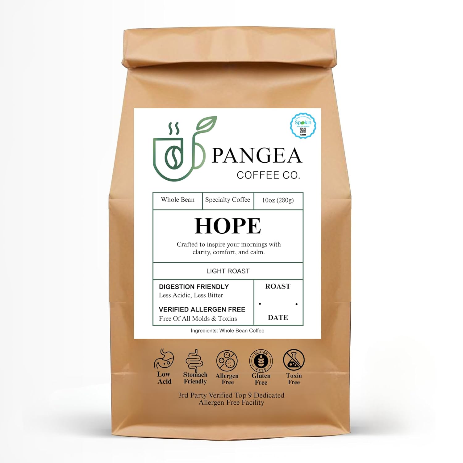 Pangea Coffee Co. Hope Light Roast Coffee – Low Acid, Organic, Mold-Free, Allergen-Free, Smooth Stomach-Friendly – 10 oz Bag