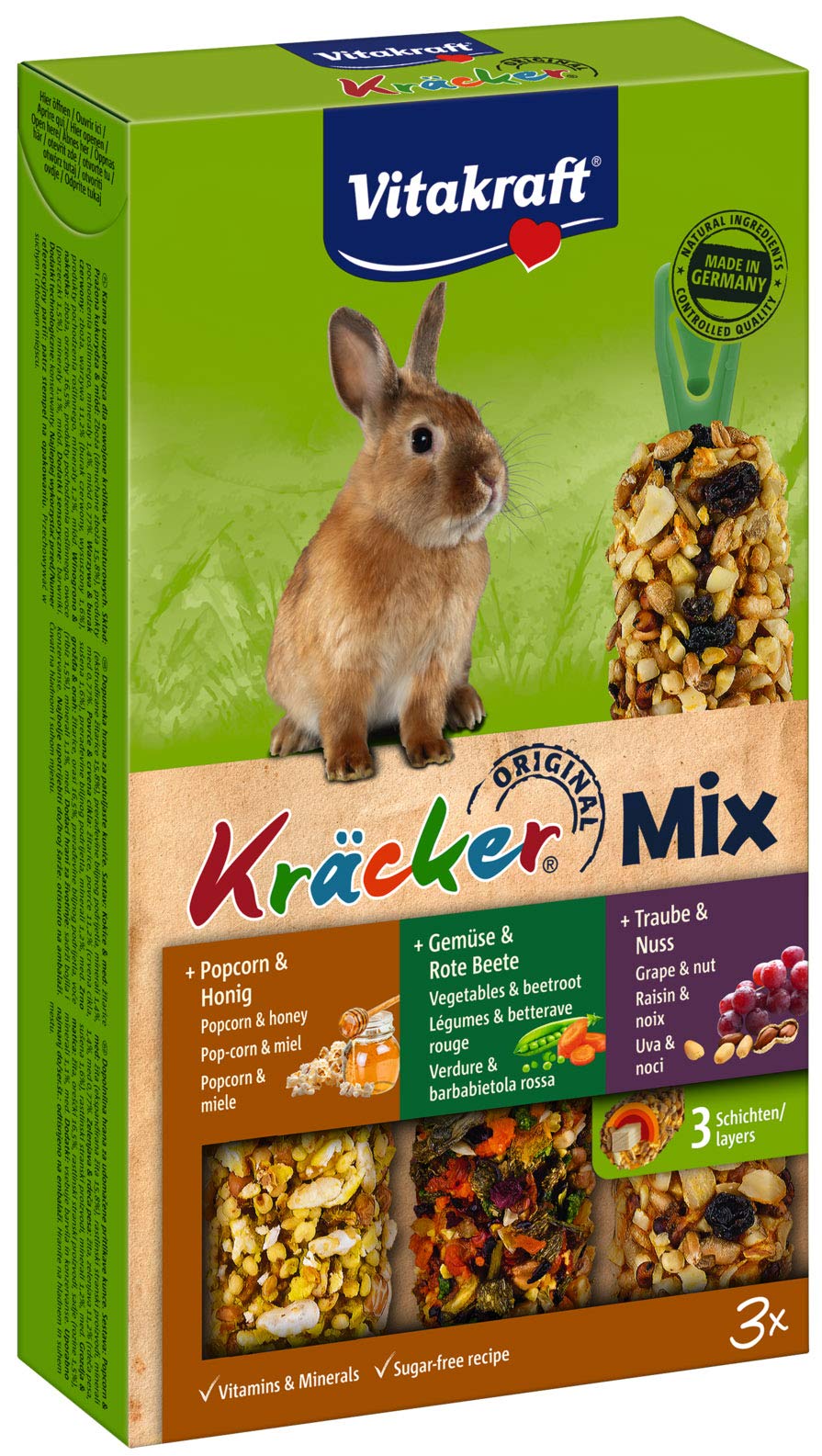 Vitakraft Kräcker Mix, bastoncini da sgranocchiare per conigli nani, con popcorn e miele, con verdura e barbabietola rossa, con uva e noci, senza l'aggiunta di zuccheri e cereali (1x 160g)