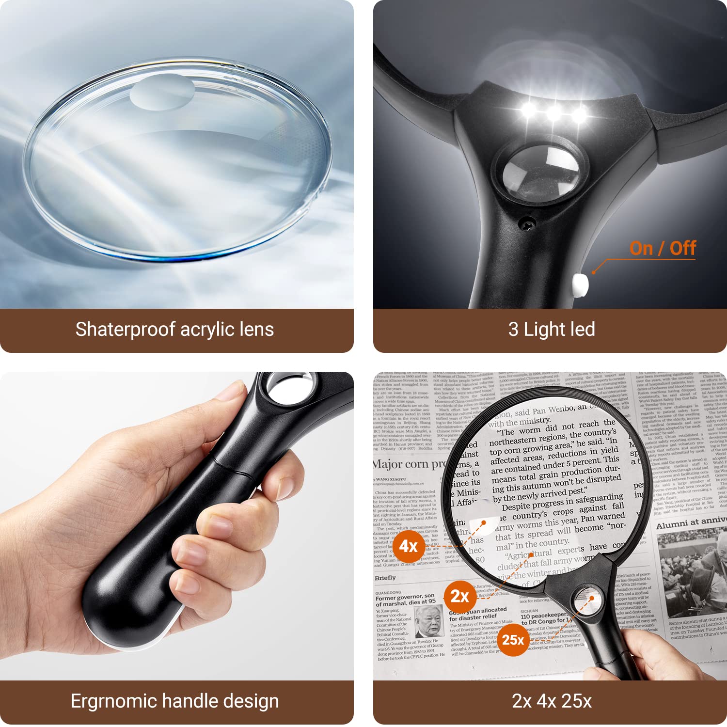 Magnifying Glass with Light, Ezona Magnifier 5.5 Inch Extra Large Magnifier, 3 Bright LED Illuminated 2X Magnifying Glass Lens 4X 25X Zoom Lightweight Handheld Shatterproof Magnifiers for Reading