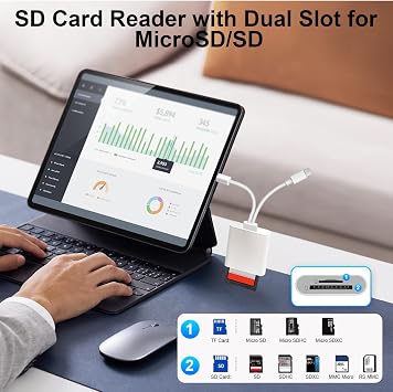 Loydia SD Card Reader, 2 in 2 USB C to Micro-SD Card Viewer Reader, Type C OTG Adapter Lightning Memory Card Adapter, Dual Slot for SD/MicroSD/SDHC/SDXC, Plug and Play