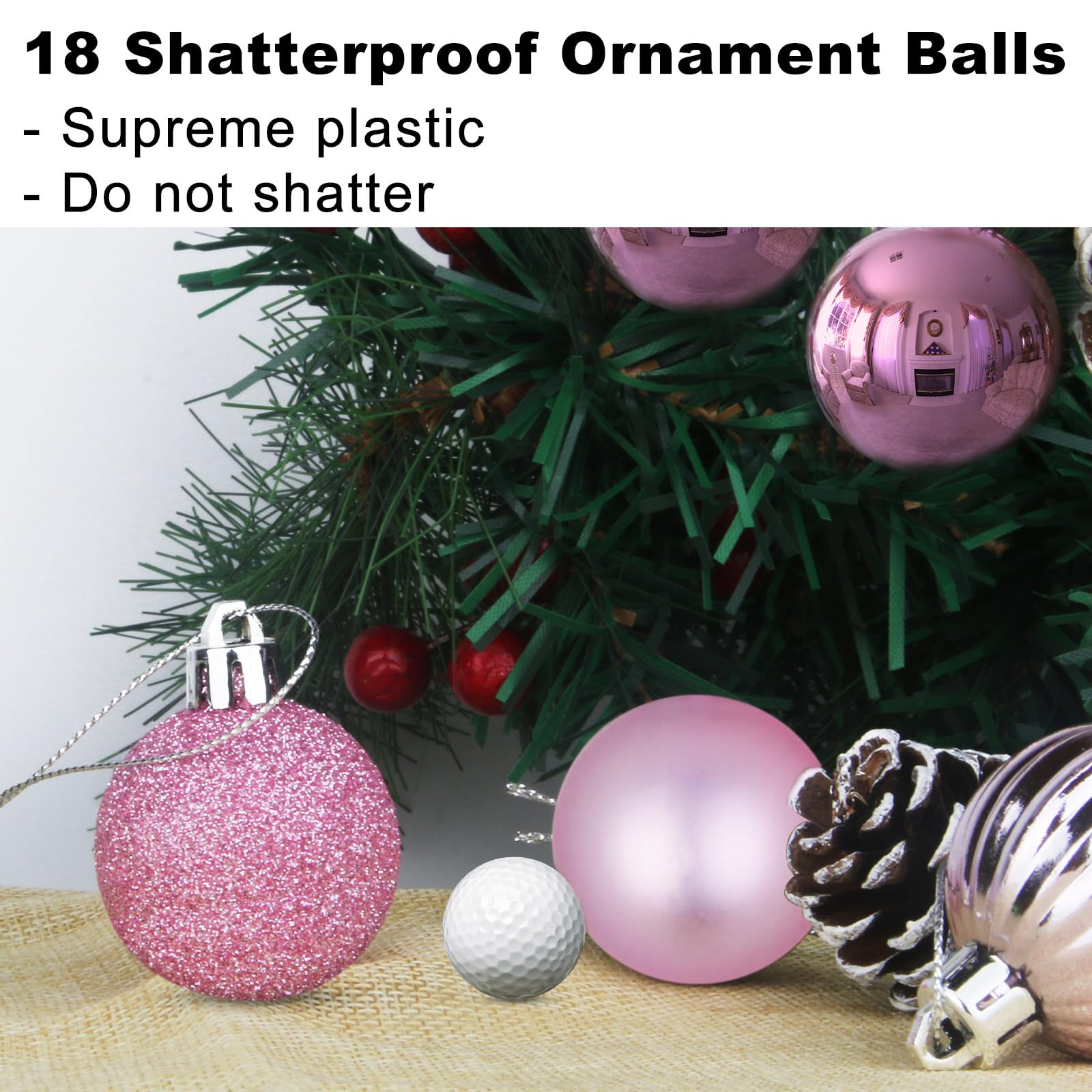 Bubblegun Lot de 18 Grandes Boules de Noël incassables à Suspendre pour Anniversaire, Halloween, Vacances, Mariage (Rose, 8 cm)