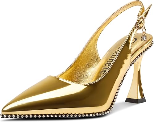 Castamere Womens Slingback Kitten Heels Close Pointed Toe Beaded Dressy Pumps Chunky High Heels Wedding Party Prom Shoes 3.5 Inches