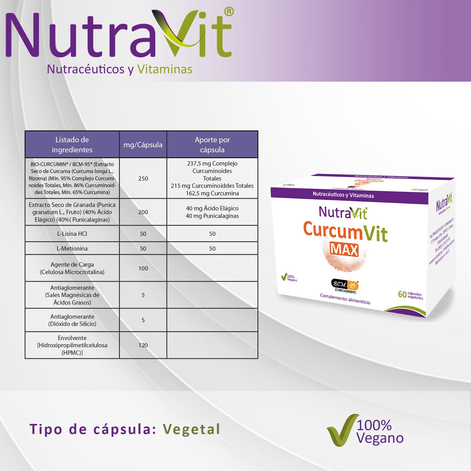 CURCUMVIT MAX Contribuye al funcionamiento del S.inmunitario,equilibrio del S.nervioso,circulatorio,respiratorio y el aparato digestivo C.Alimenticio base de Cúrcuma fitosomada 100% Vegano 90 CV