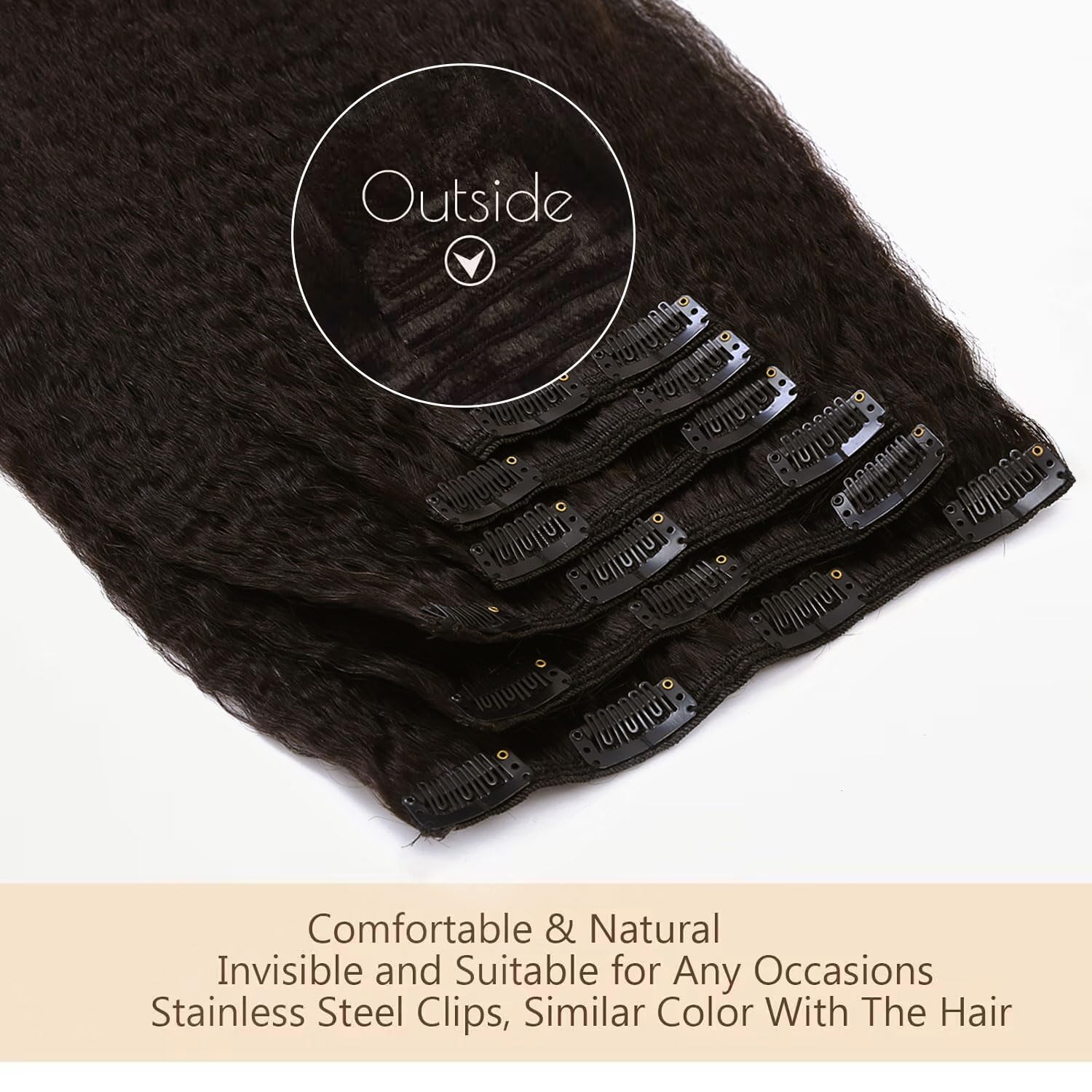 Loxxy Remy Human Hair Kinky Straight Clip in Hair Extensions Black Women Double Weft 100% Virgin Yaki Natural Black Hair Thick End Full Head For African Americans Women 7 Pieces 120Gram 14Inch