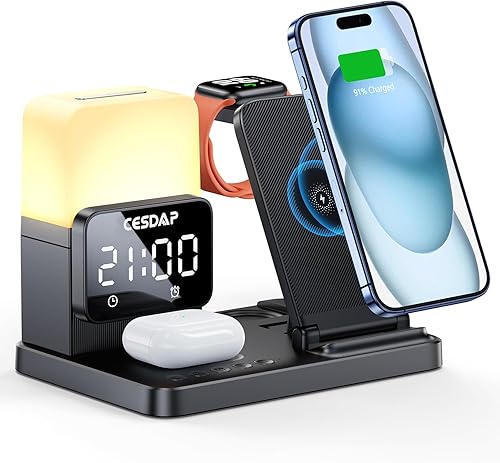 C3 Pro - Estación de carga plegable 6 en 1 para múltiples dispositivos con luz de reloj despertador, cargador de 18 W para iPhone 1514131211 para