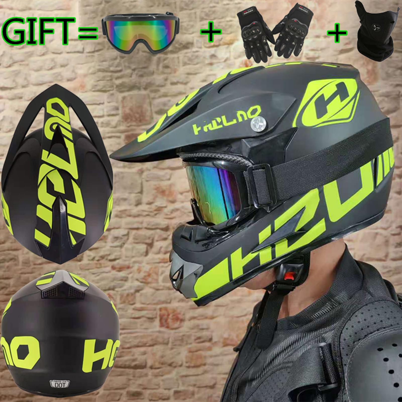 Downhill Motorradhelm Kinder, Helm Set Herren ATV Motorradhelm D.O.T Zertifizierter Helm Mit Brille Handschuhe, Integralhelm MTB Inklusive 4 Größen Helmfutter