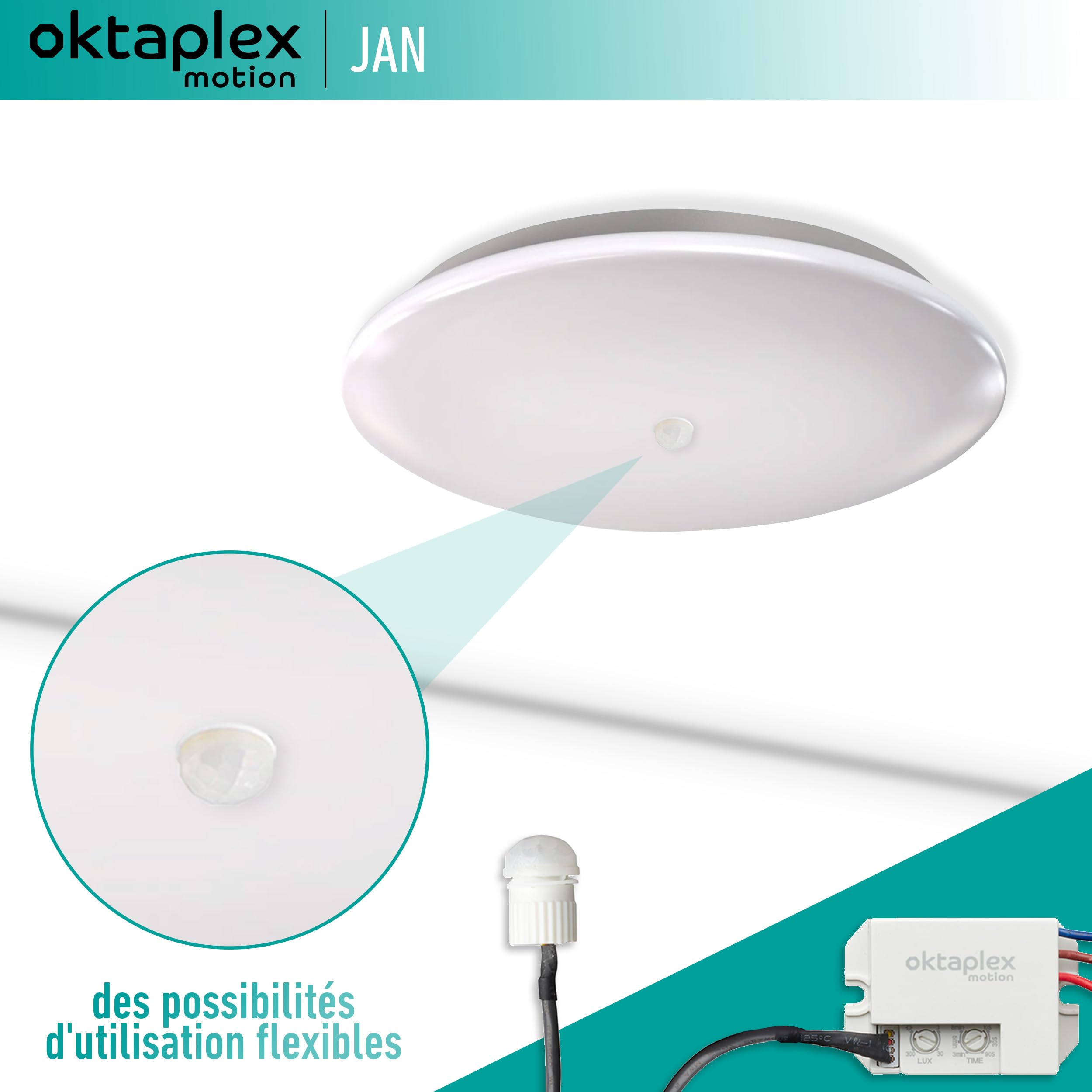 Oktaplex motion 2X Jan Détecteur de Mouvement extérieur & intérieur IP65/IP20 360° Capteur Infrarouge Petit 8 m portée 230 V avec capteur crépusculaire Blanc Mat