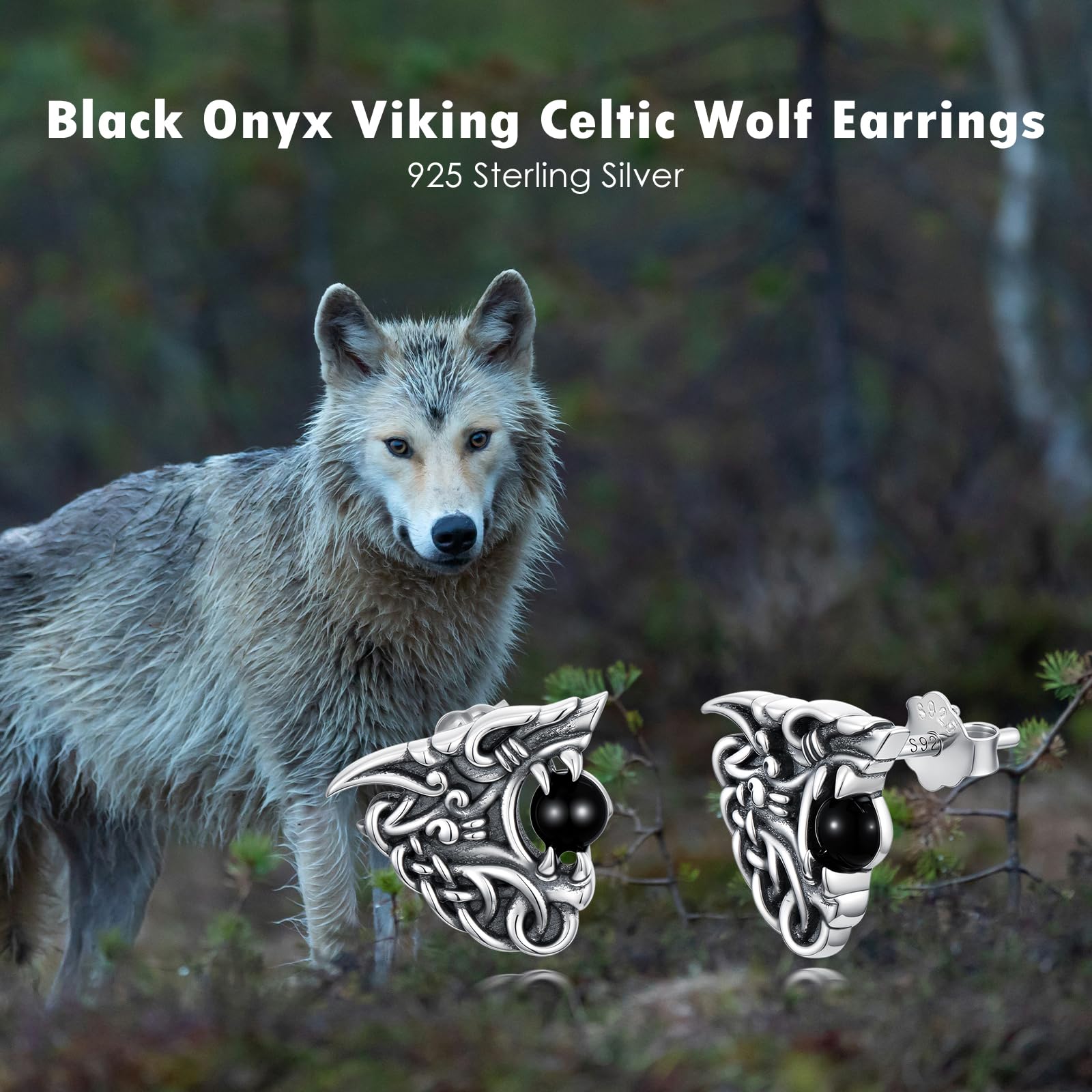Pendientes de lobo vikingo para hombre, plata de ley 925, nudo celta del norte, aretes de lobo y ónix negro, joyería vikinga para hombres y mujeres
