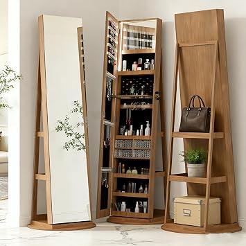 360 Swivel Jewelry Armoire with Full-Length Mirror, Lockable Standing Jewelry Organizer Cabinet with Back Storage Shelves & Interior LED Mirror, Jewelry Mirror Vanity Organizer 1, Walnut, 62.3 Inch
