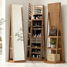 360 Swivel Jewelry Armoire with Full-Length Mirror, Lockable Standing Jewelry Organizer Cabinet with Back Storage Shelves & Interior LED Mirror, Jewelry Mirror Vanity Organizer 1, Walnut, 62.3 Inch