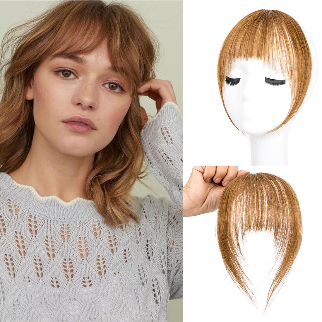 Clip in Bangs 100% Real Human Hair Extensions French Bangs for Women Fake Bangs Clip on Bangs Faux Hair extensions Fringe with Temples (Light2 Brown2)