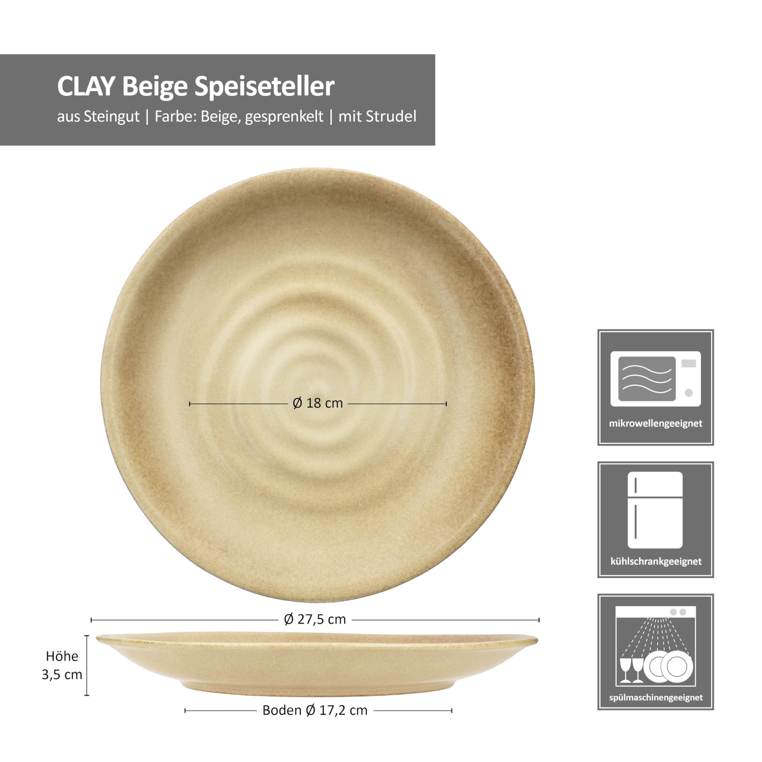 MamboCat CLAY Beige zestaw 6 talerzy obiadowych I Ø 27,5 cm I talerze obiadowe z kamionki, beżowe, z wzorem wiru, dla 6 osób, duże talerze do dań głównych, do grillowania
