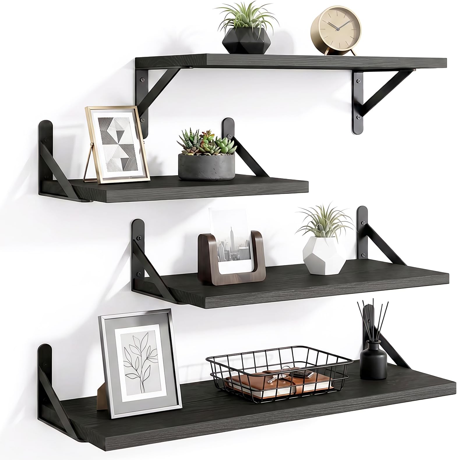 YGEOMER Wall Shelves, Black Floating Shelves Different Sizes for Living Room, Bathroom, Bedroom, Kitchen, Home Decor (Set of 4)
