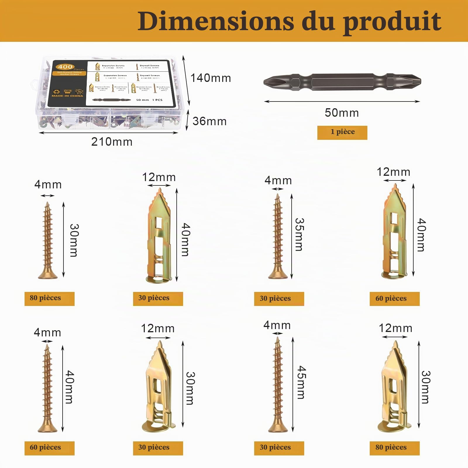 Gueenky 400 Pièces Chevilles avec Vis pour Plaques de Plâtre, 30 mm 40 mm Cheville Beton Vis Cheville Placo Autoforeuses, Chevilles Expansion et Vis Fixations pour Murale en Plaques de Plâtre