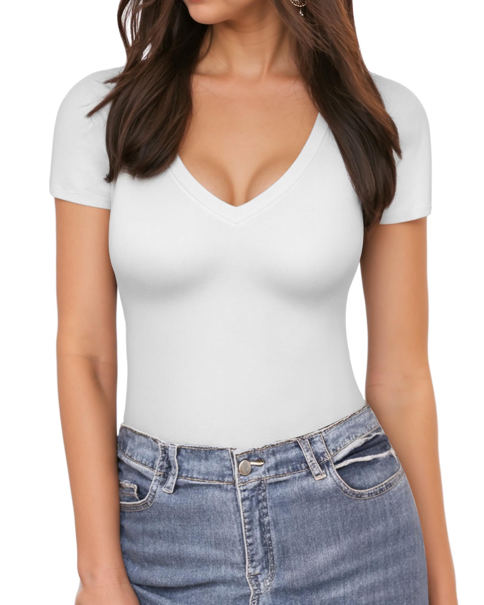 MANGOPOPWomens Modal V Neck Short Sleeve/Long Sleeve Bodysuit Jumpsuit