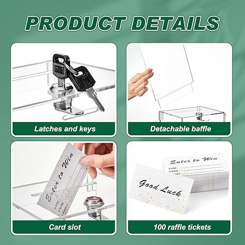 Miniatura 10 de Teling Caja de donación alta de acrílico con candado y placa de letrero, caja de sugerencias segura con placa de letrero y 100 tarjetas de boletos