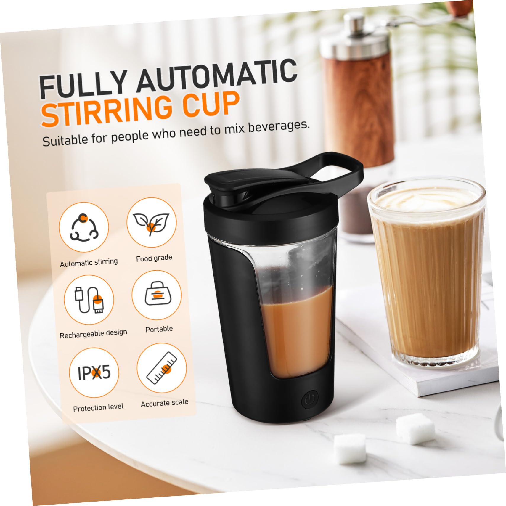 Shaker per Proteine Elettrico Nero 450ml, Miscelazione Automatica | Copolyester, Pp e Abs, Ricaricabile 500mah, Ipx5, per Bevande e Frullati Proteici