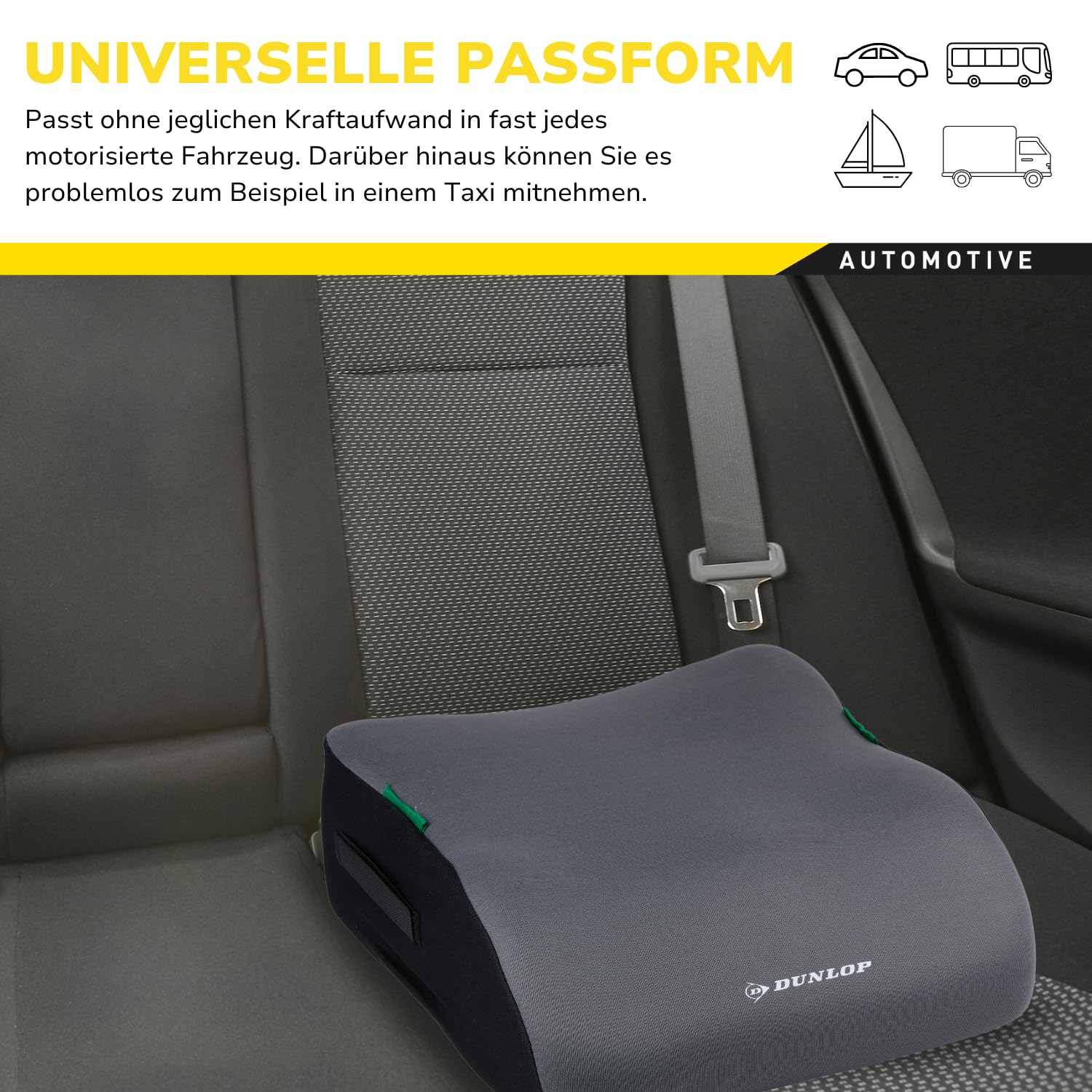 Dunlop Sitzerhöhung Auto Kinder Grau - Kindersitzerhöhung ECE R129 - Ergonomischer Kindersitz Ab 3 Jahre - Kinderautositz Mit Waschbarem Bezug - Sitzkissen Auto Für Kinder 135-150 cm