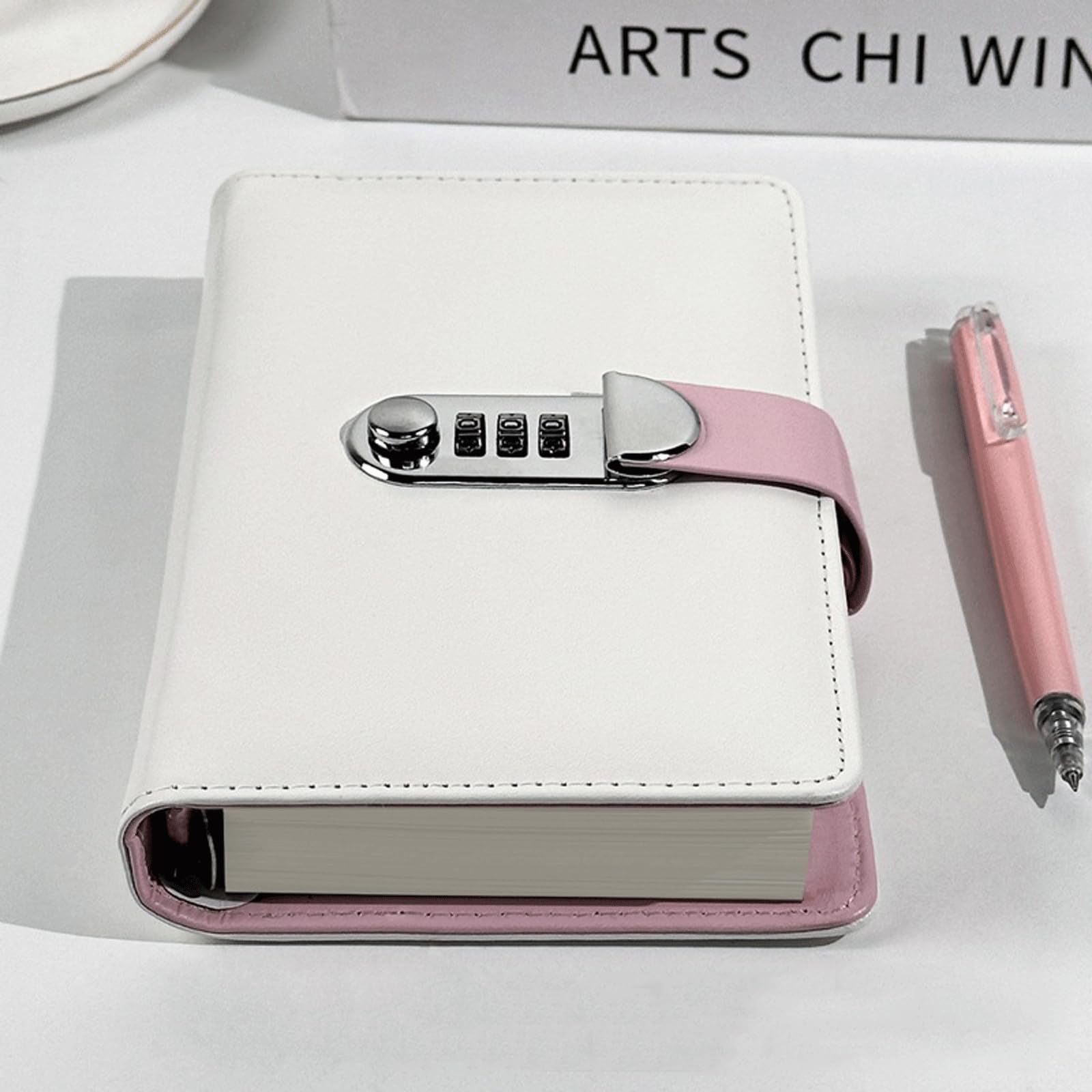 Carnet de notes créatif A6 avec mot de passe et cadenas, journal intime en cuir, carnet à feuilles mobiles, carnet de voyage, collection de timbres, journal intime(White1+Pink1)
