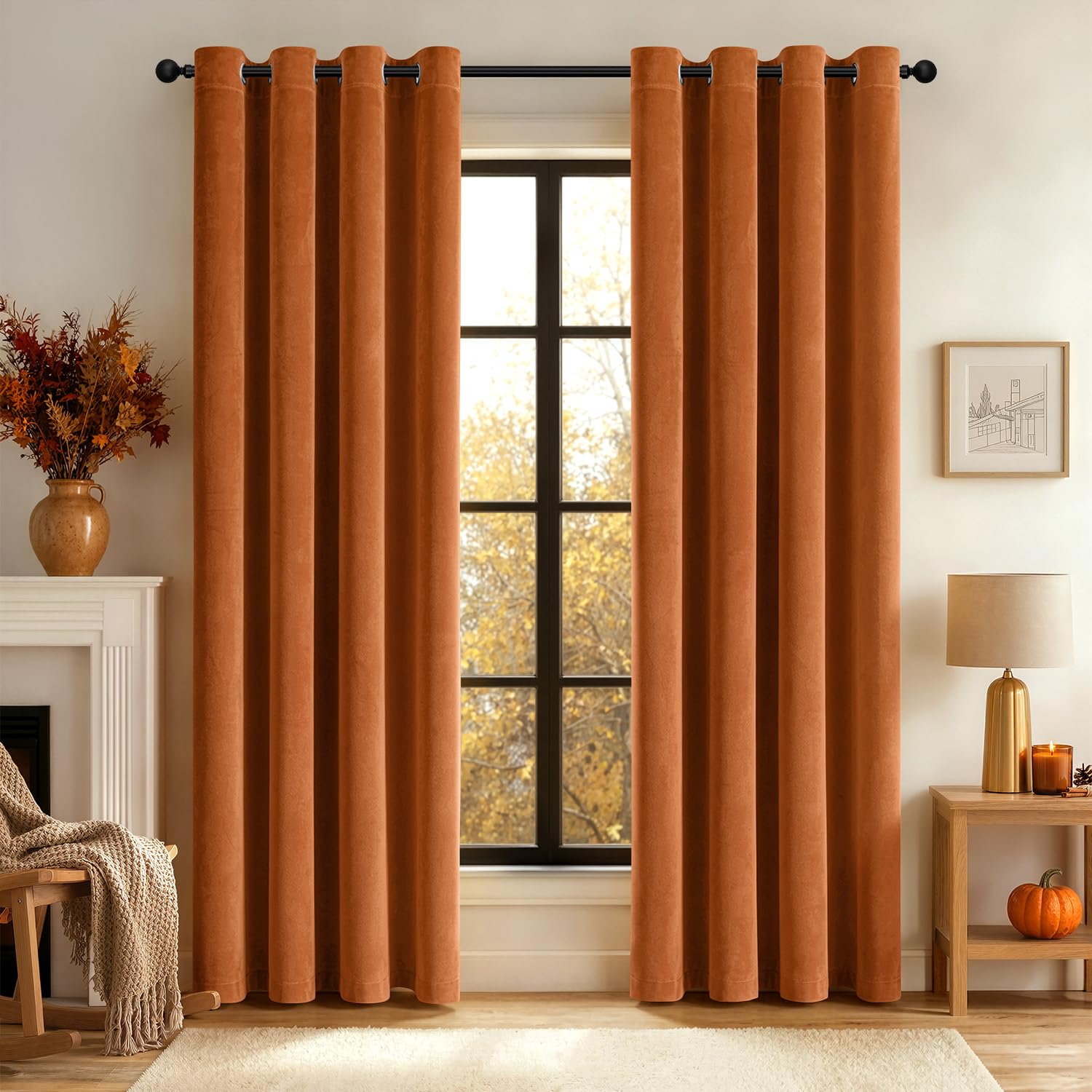 EMEMA Lot de 2 rideaux opaques en velours avec œillets - Orange foncé - 300 x 140 cm (H x l) | Rideaux en velours avec œillets, décoratifs, pour salon, doux, occultant, thermique, insonorisant, chambre à coucher
