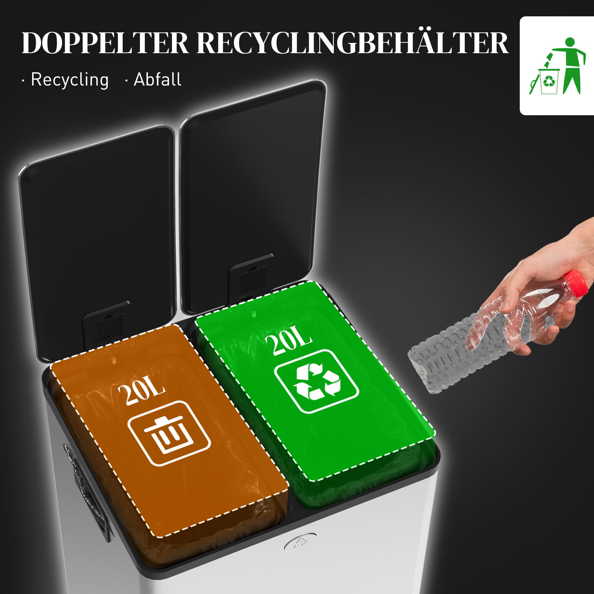 HOMCOM Mülleimer aus Edelstahl mit Softclose Deckel, 2 x 20L Silber | Abfalleimer, Mülltrennsystem, Herausnehmbare Inneneimer, Deodorant-Fächern, Treteimer für Wohnung