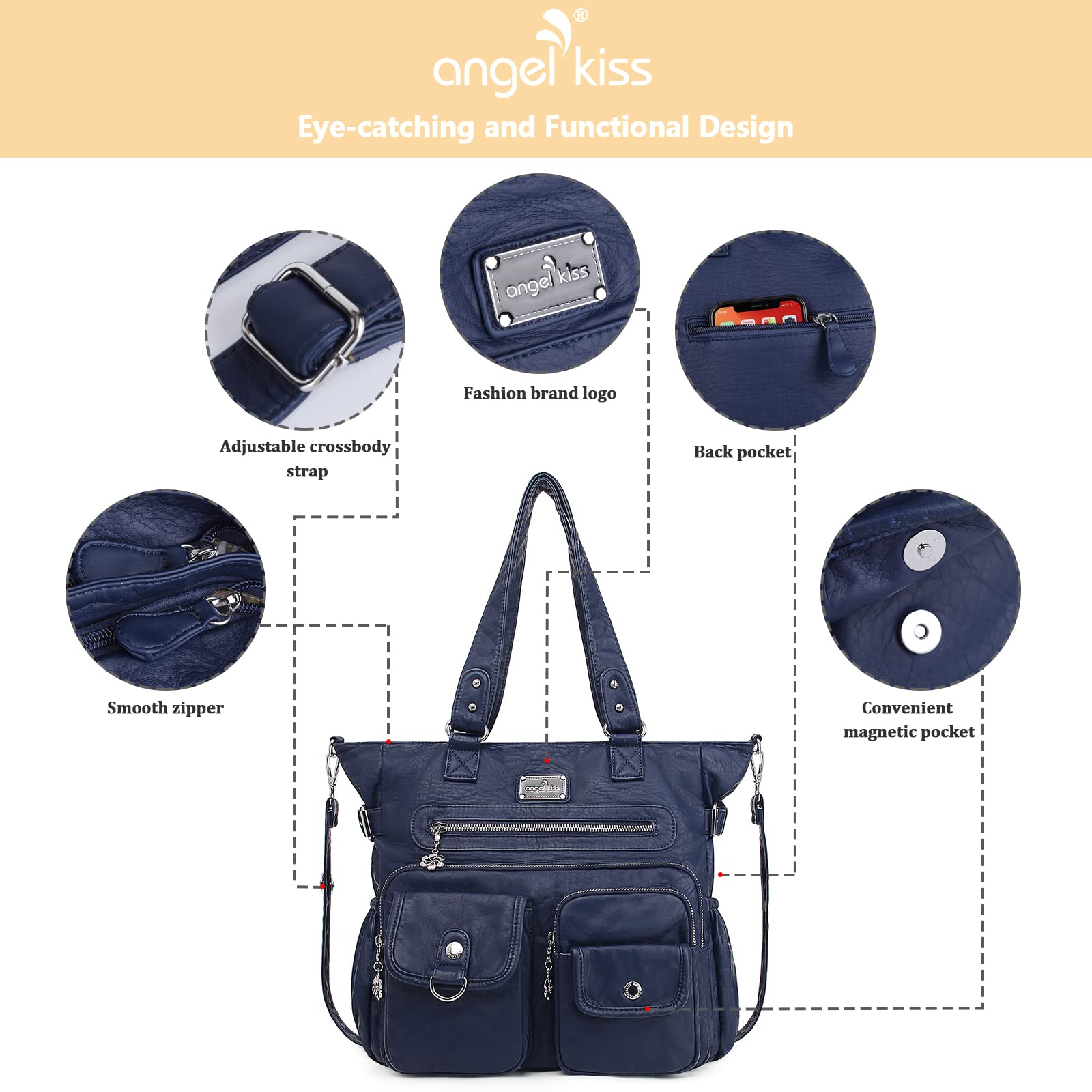 Angelkiss - Bolsos de mano para mujer, de poliuretano, con bolsillos, para hombro | Poliuretano