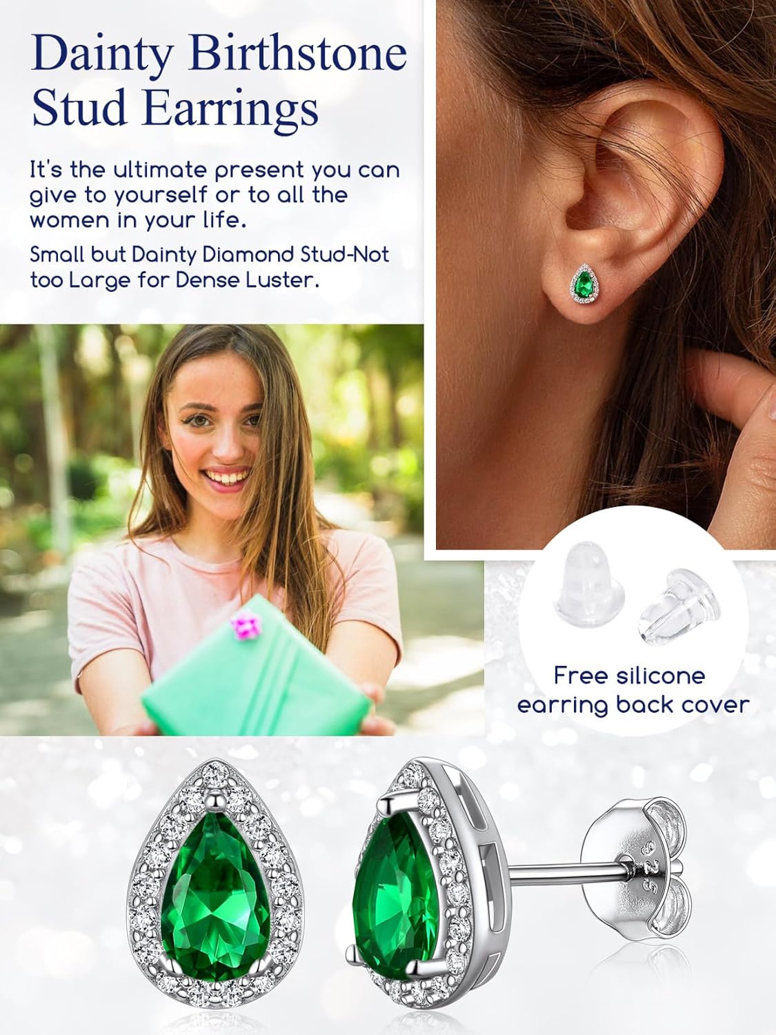 Suplight 925 Sterling Silver Birthstone Earrings Stud Round/Heart/Teardrop/Square Crystal Earrings for Women, Diamond Silver Earrings Dainty Gifts for Women Birthday Unique Minimalist Jewelry - Image 4