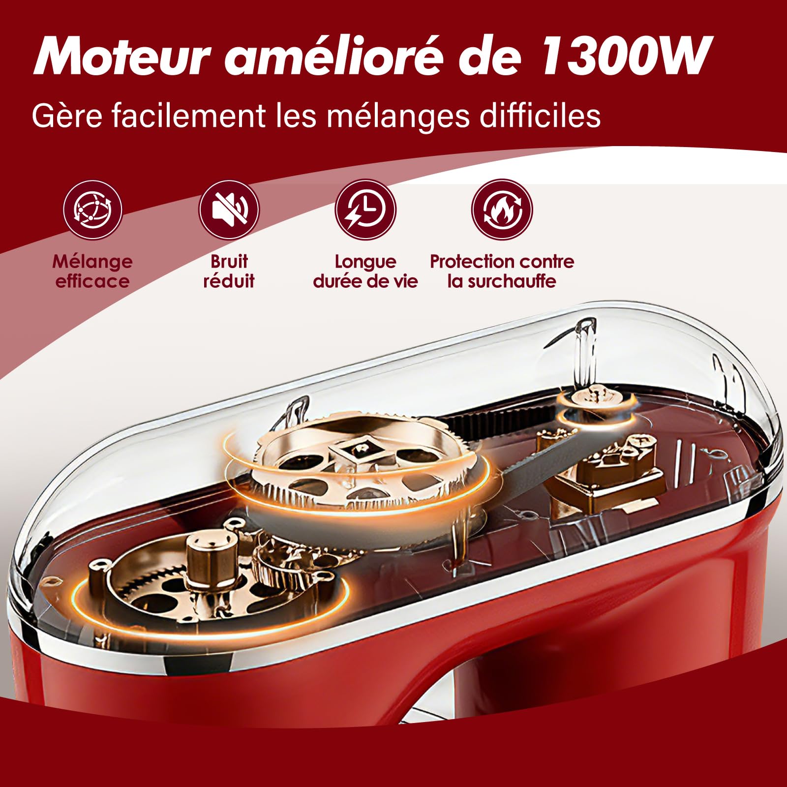 Robot Patissier, Kitchen in the box 6L Batteur Electrique Cuisine, Pétrin Professionnel 1300W avec Fouet, Batteur et Crochet Pétrisseur, 10+P Vitesses