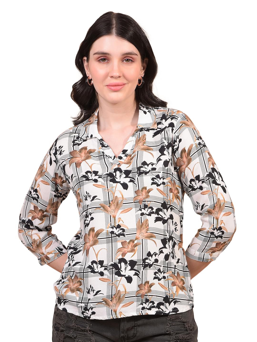 crimsoune club Women's Brown Floral Print V-Neck Top-picture-32