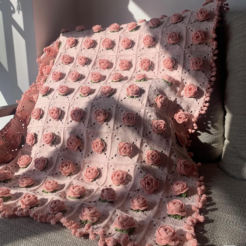 Häkeldecken-Set Häkelset Anfänger für Decke Granny Squares Häkeldecke Kit Couch Blankets Rose Floral Crochet Blanket Häkeldeckensets für Erwachsene Häkelblumenstrauß Rosa 110x110cm