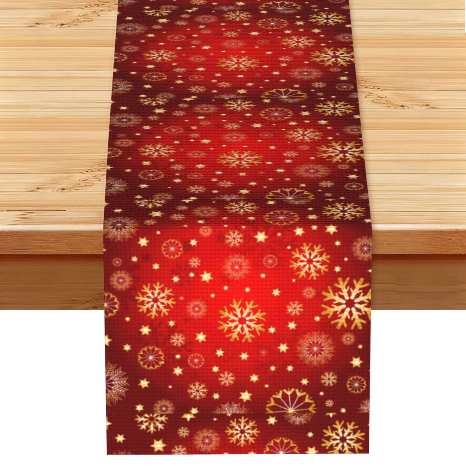 red background golden snow Festive Table Cloth 13x72in, Stylish Printed Table Runner for Holiday Dinner, Party & Special Occasions