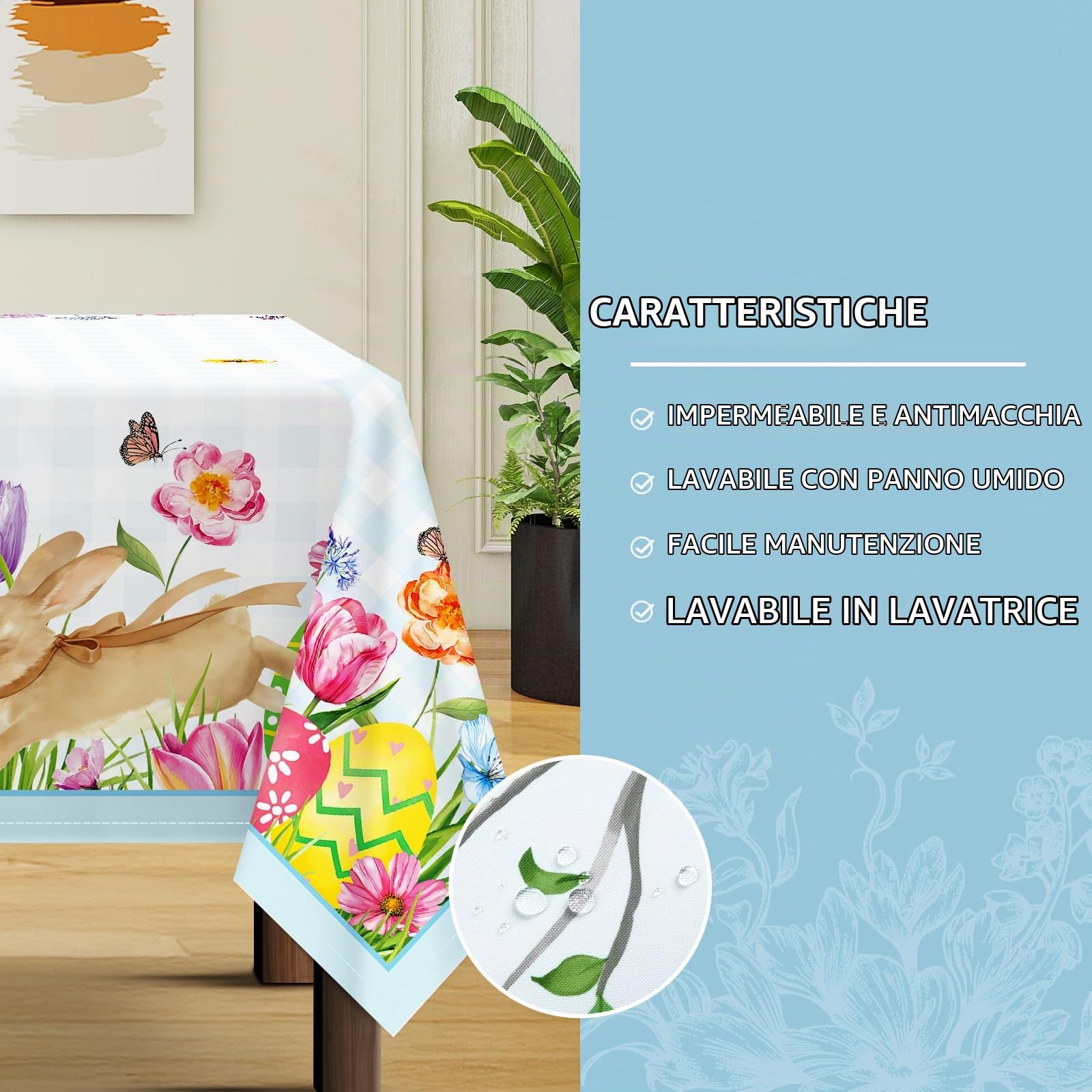 Tovaglia Rettangolare Di Pasqua Coniglietto Primaverile Tovaglie Impermeabile, Copritavolo Stampato Lavabile Tessuto Per Ristorante Primavera Estate Cucina Decorazione (152X304 Cm)