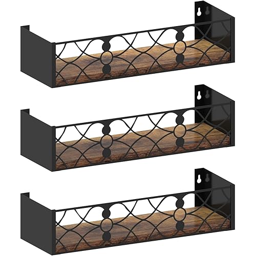Serwrsw Black Floating Shelves with Removable Insert Plate Set of 3, Wooden Display Shelves, Rustic Decorative Wall Shelves for Living Room, Bedroom, Kitchen