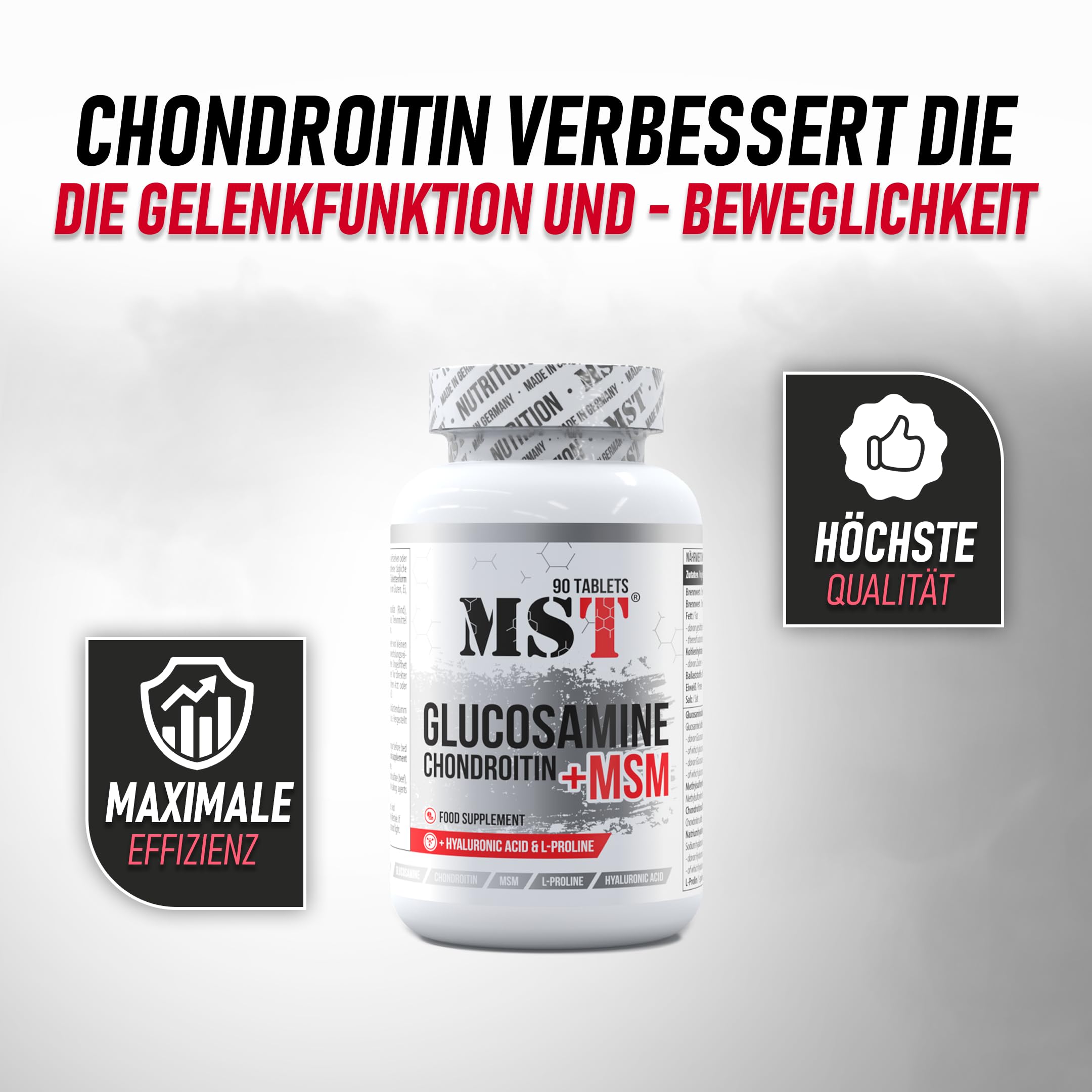 Glucosamin Chondroitin MSM + Hyaluronsäure + L-Proline | 90 Tabletten | MST NUTRITION MADE IN GERMANY |