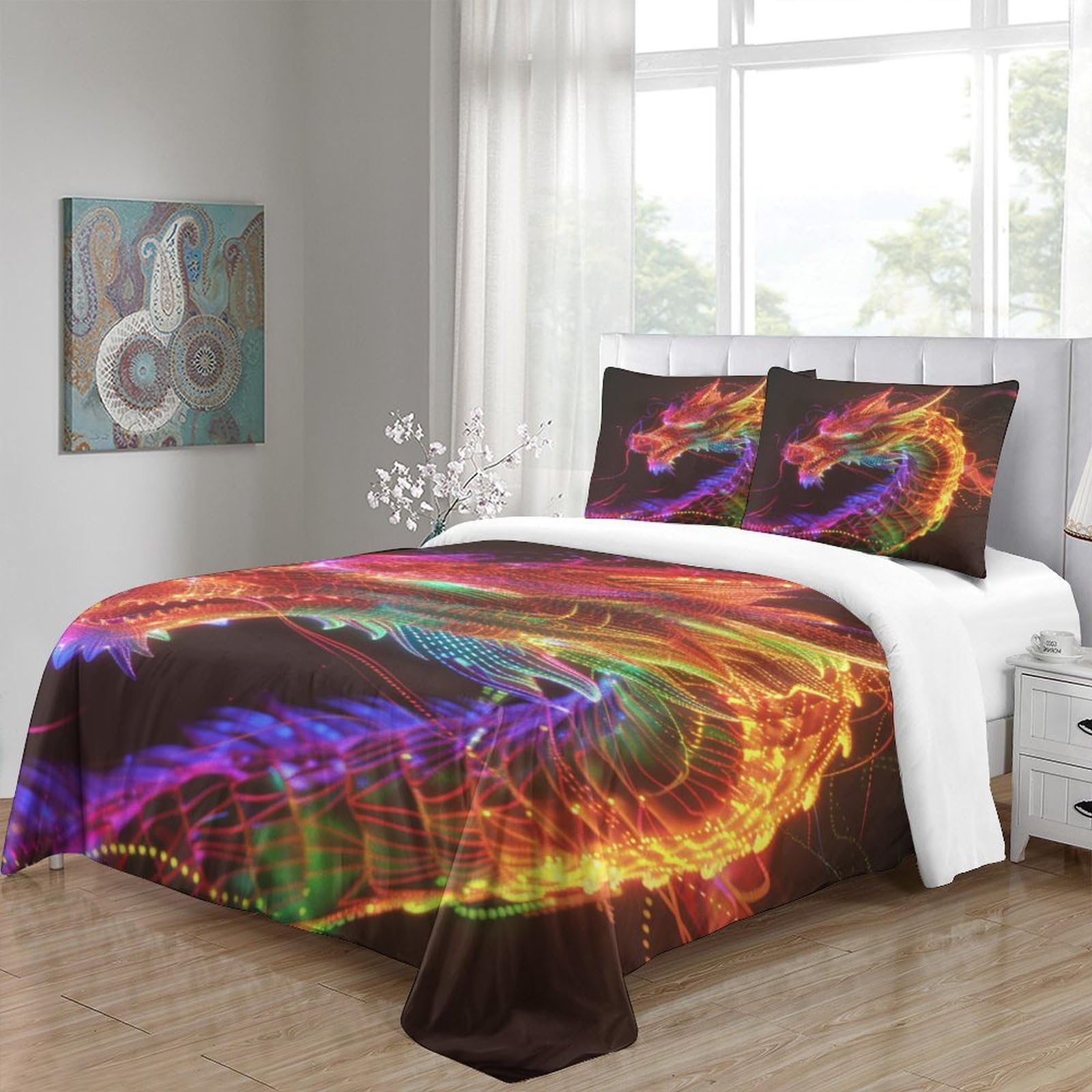 Stampato in 3D Loong cinese Copertina Stampata Microfibra Disegnata Biancheria Da Letto Con Chiusura A Cerniera Con 2 Federe,Double（200x200cm）, Per Ragazzi Adulti
