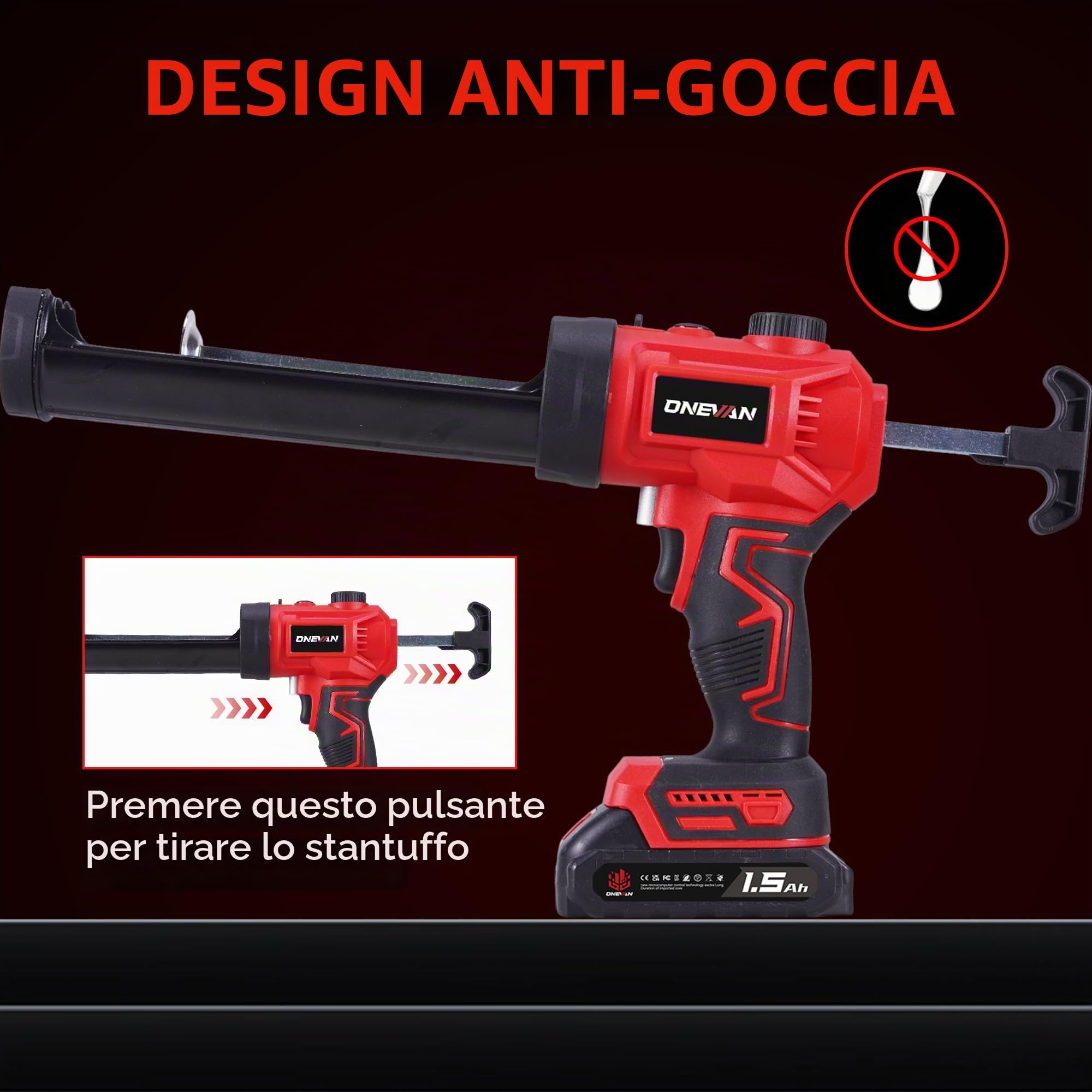 ONEVAN Pistola Elettrica per Cartucce 300ml Brushless 2x1,5Ah | 300ml Capacità, 300kg Spinta, Velocità variabile, Caricabatterie rapido, Luce LED, Per finestre e giunti