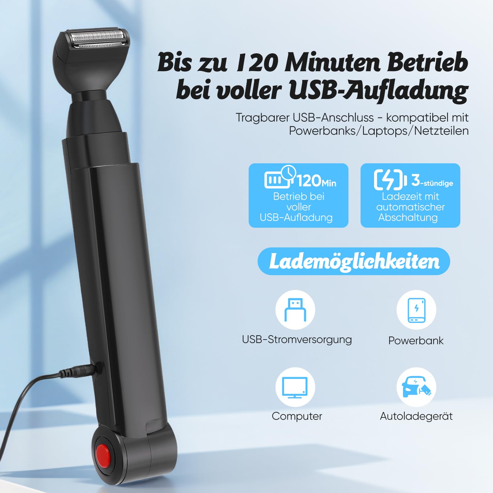 Rückenrasierer für Männer, Herren-Rückenrasierer Körpertrimmer Elektrischer mit 2 Scherköpfe & Armverlängerung, Faltbare Herren Körperrasierer für Rücken-, Gesichts-, Brust- & Schulternpflege