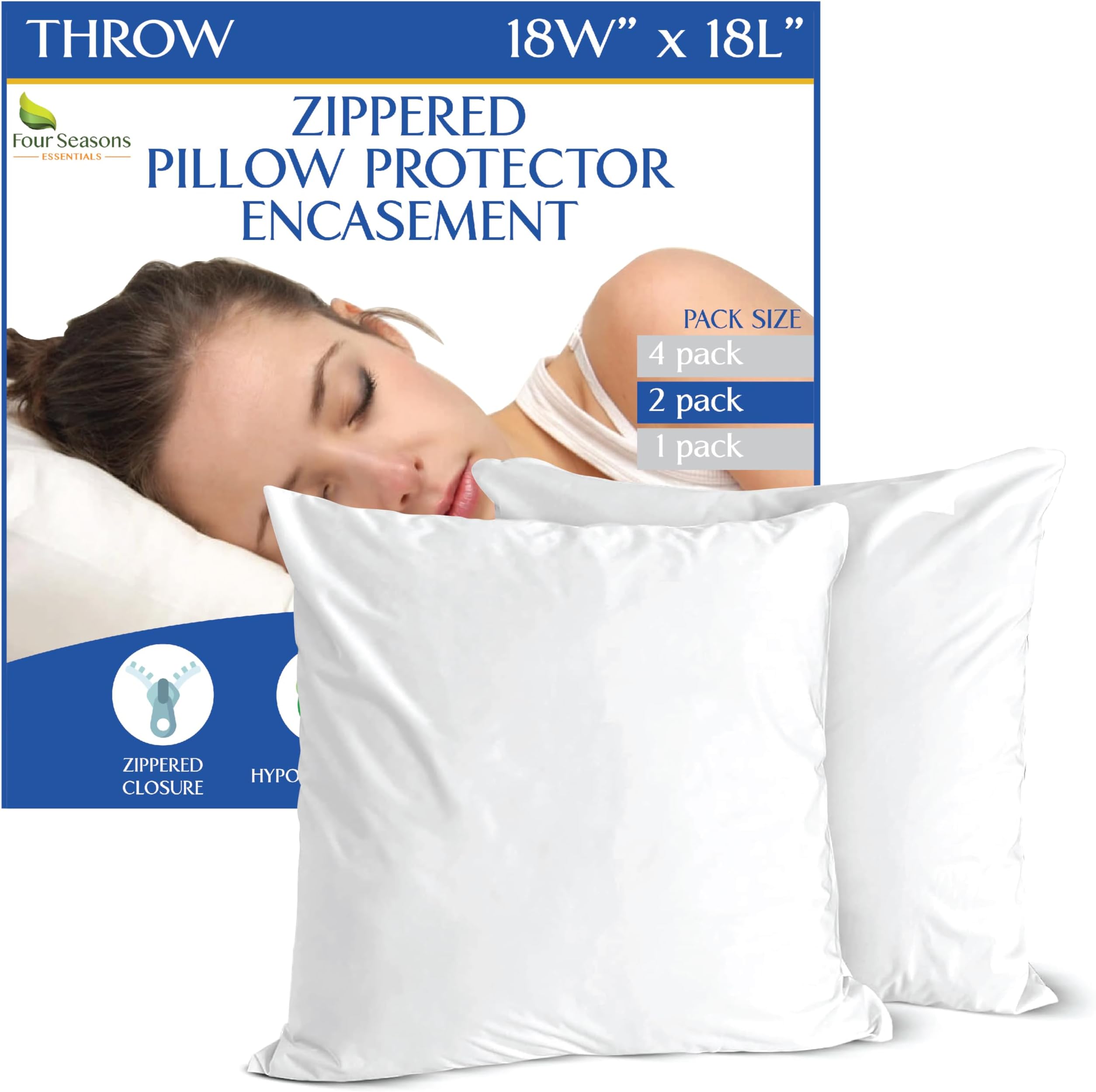 Throw Pillow Covers (Set of 2) - Square 18x18 Pillow Protectors Waterproof Hypoallergenic Dust Proof Zippered Encasement