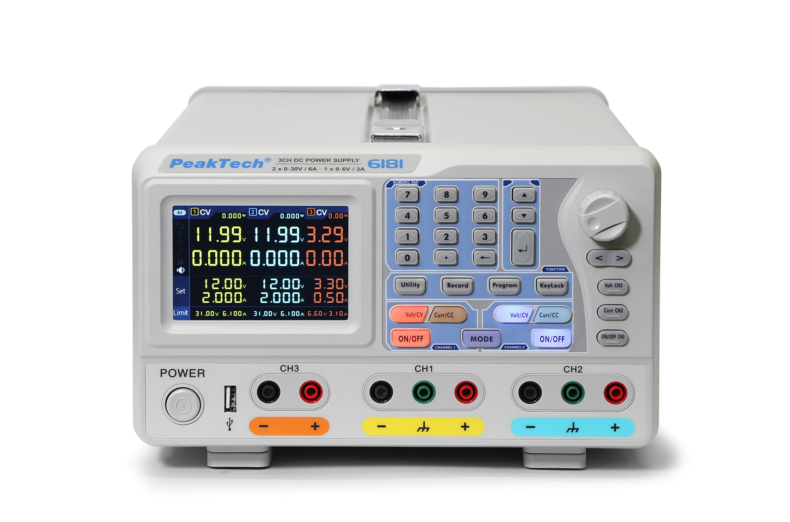 PeakTech P 6181 Alimentatore da banco a 2 canali, 0-30 V, 0-6 A, con display a colori TFT, risoluzione 1 mA e 1 mV, logger dati, rete LAN, USB, RS-232, seriale, parallelo, 15 W, 240 V
