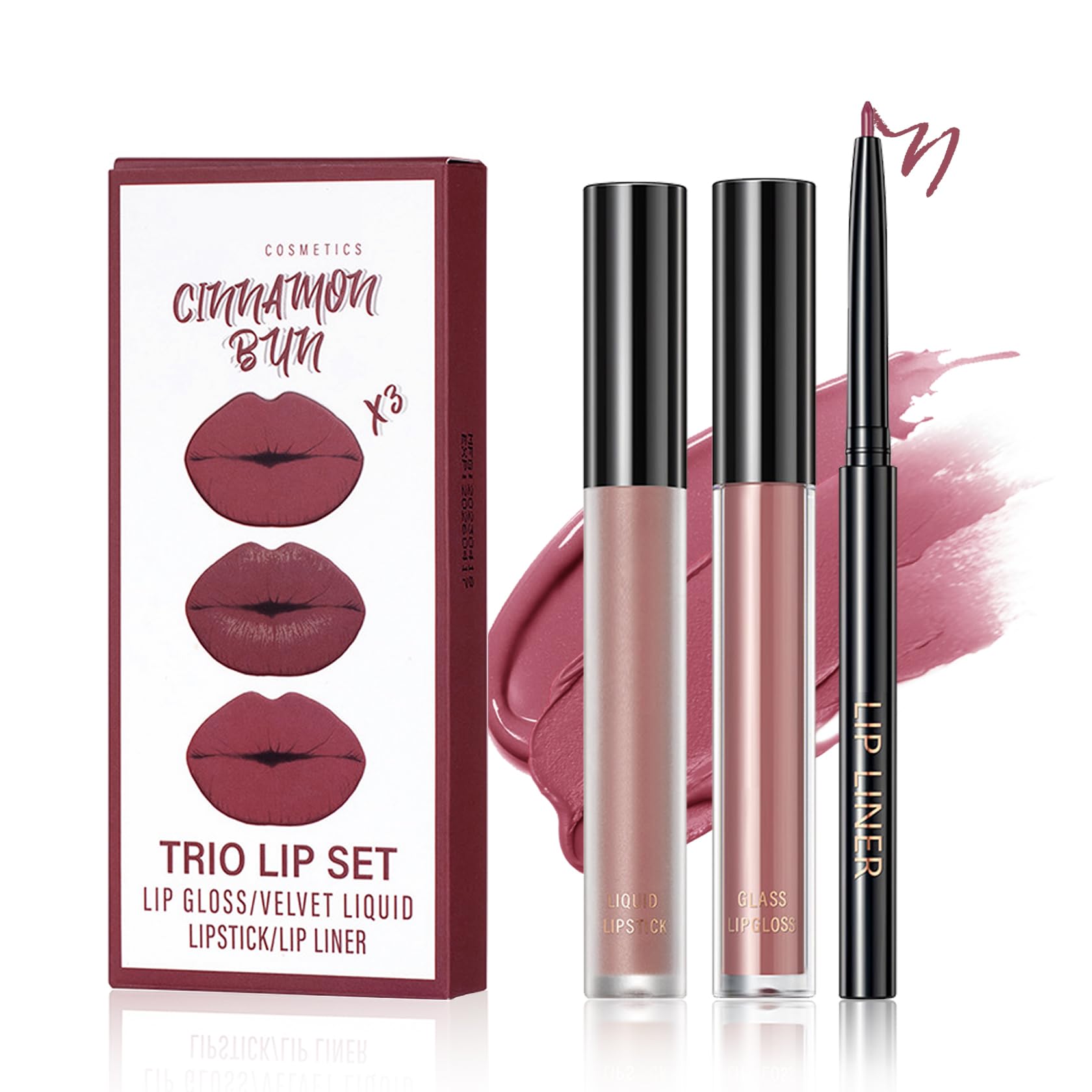 QIUFSSE 3 in 1 Black Lip Liner Pencil and Lipstick lipgloss Set Matte Black Lipstick Lip Gloss Kit Long-lasting Nonstick Cup Smudge Proof Lip Kits with Lip Liner,Velvet Goth Makeup ()