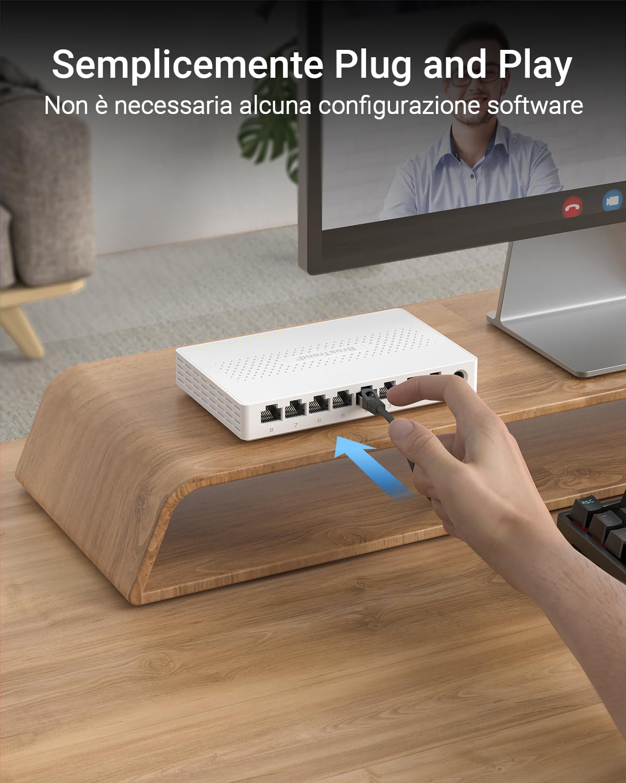 BrosTrend 2,5Gb Switch Ethernet 8 Porte, Sdoppiatore Ethernet Hub Unmanaged Switch 2.5 Gigabit, Plug e Play Senza Ventola, Ideale per la Casa e Il Ufficio, Desktop O A Parete, Garanzia a Vita