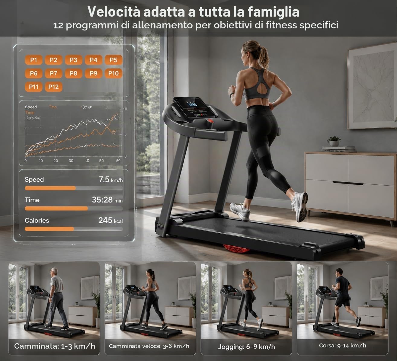 Xyphoril Tapis Roulant Pieghevole con Inclinazione Manuale 5%-10%-15%, Motore Brushless 3.0HP, Velocità 14KM/H, Superficie di Corsa 103×39CM, 12 Programmi, Sensore di Frequenza Cardiaca, Portata 140KG