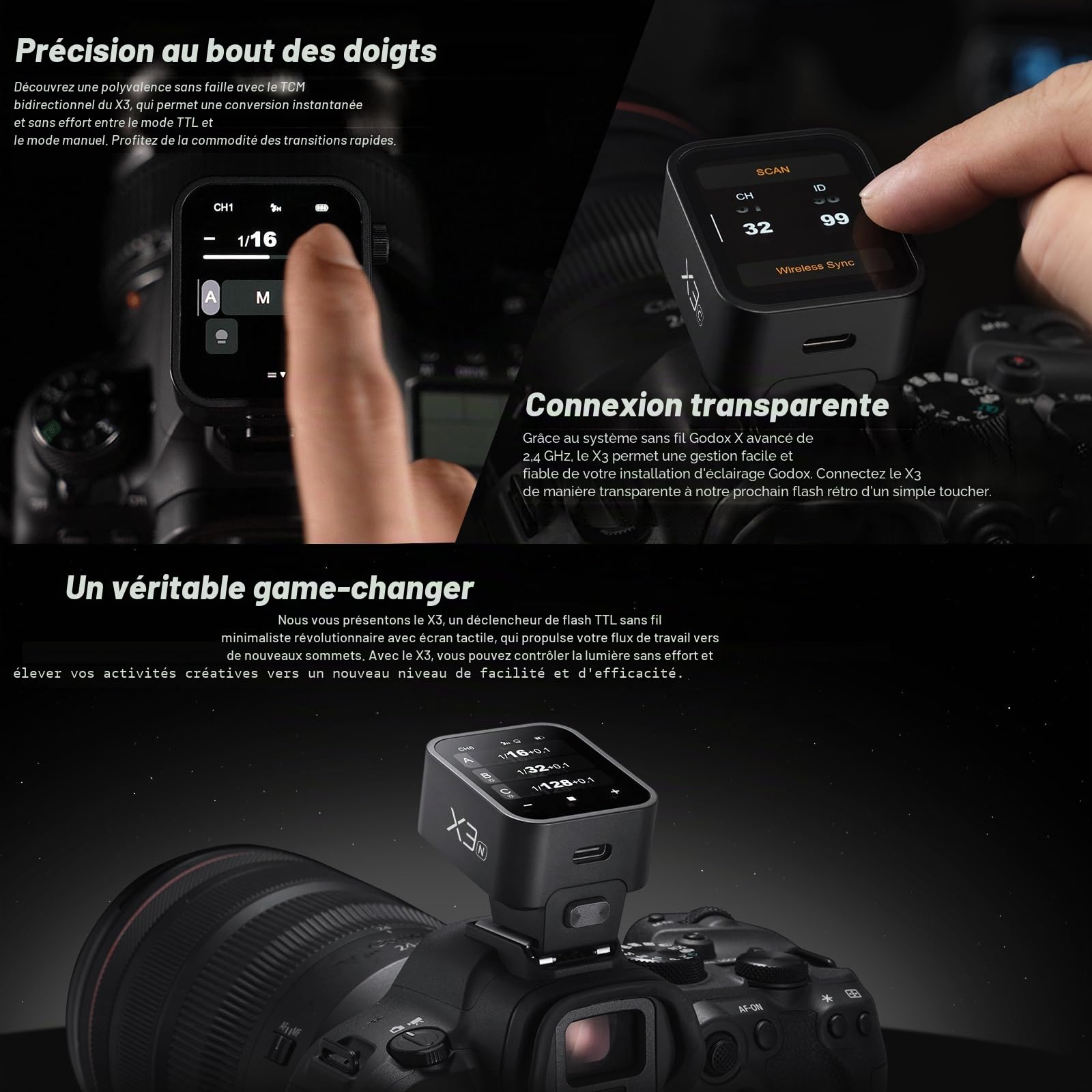 Godox X3-N Déclencheur de flash sans fil OLED Écran tactile pour appareil photo Nikon 2,4 GHz sans fil 1/8000S HSS TTL Tcm Fonction batterie intégrée rechargeable Type-C