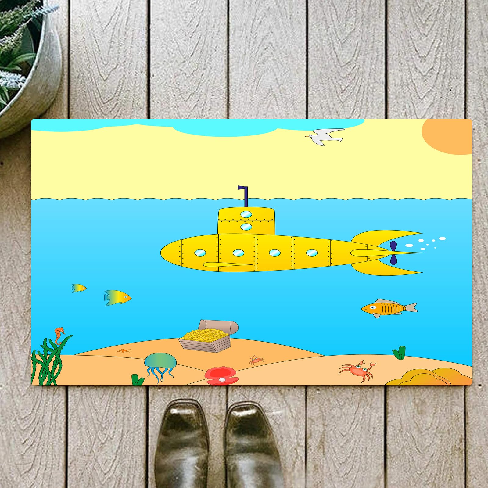 OHJEAJDS Bath Mat 24x39 in,Non-Slip Washable Bathroom Mat,Extra Soft and Absorbent Bath Mats for Bathroom Floor,Tub,Shower,Yellow Submarine,Cartoon Under Sea Adventure Jellyfish Treasure Chest Seagul