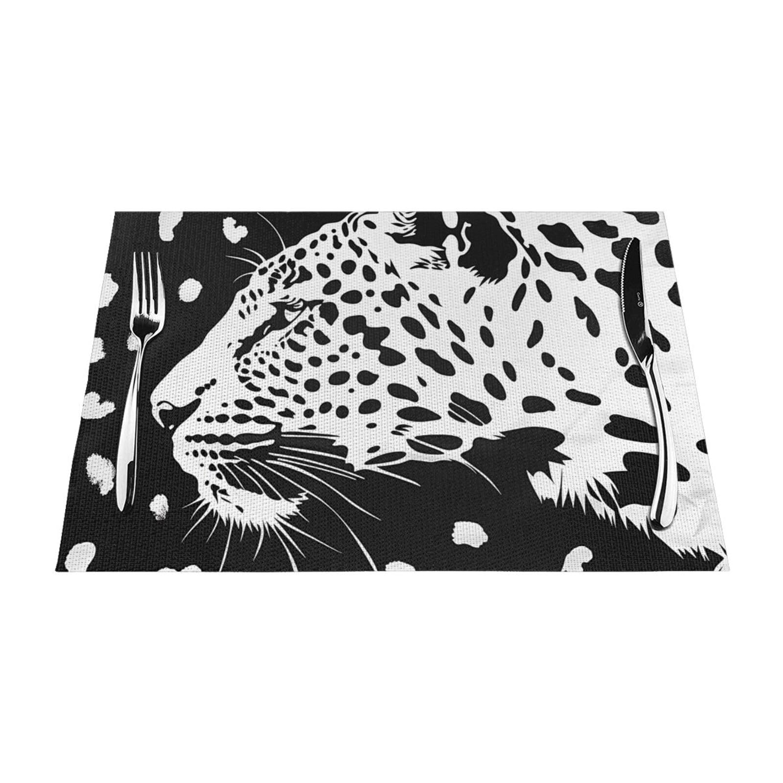 Set di 6 tovagliette con stampa leopardata nera, in PVC intrecciato resistente al calore, per tavolo da pranzo, per interni ed esterni, 45 x 30 cm