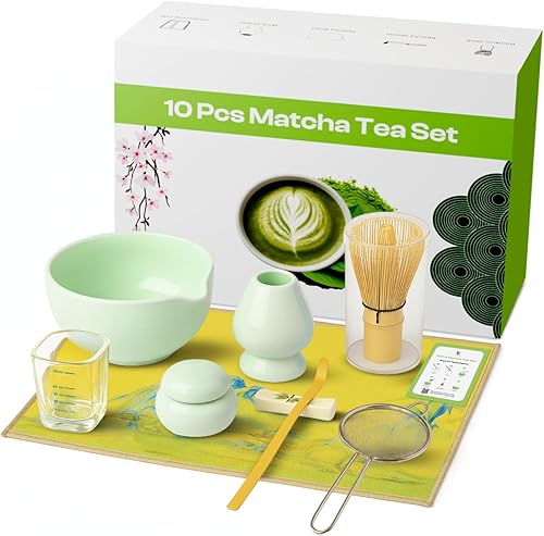 Vista 10 de Juego de 10 piezas de matcha, juego de matcha de cerámica incluye cuenco de matcha de 17 onzas, batidor y cuchara de bambú, soporte para batidor