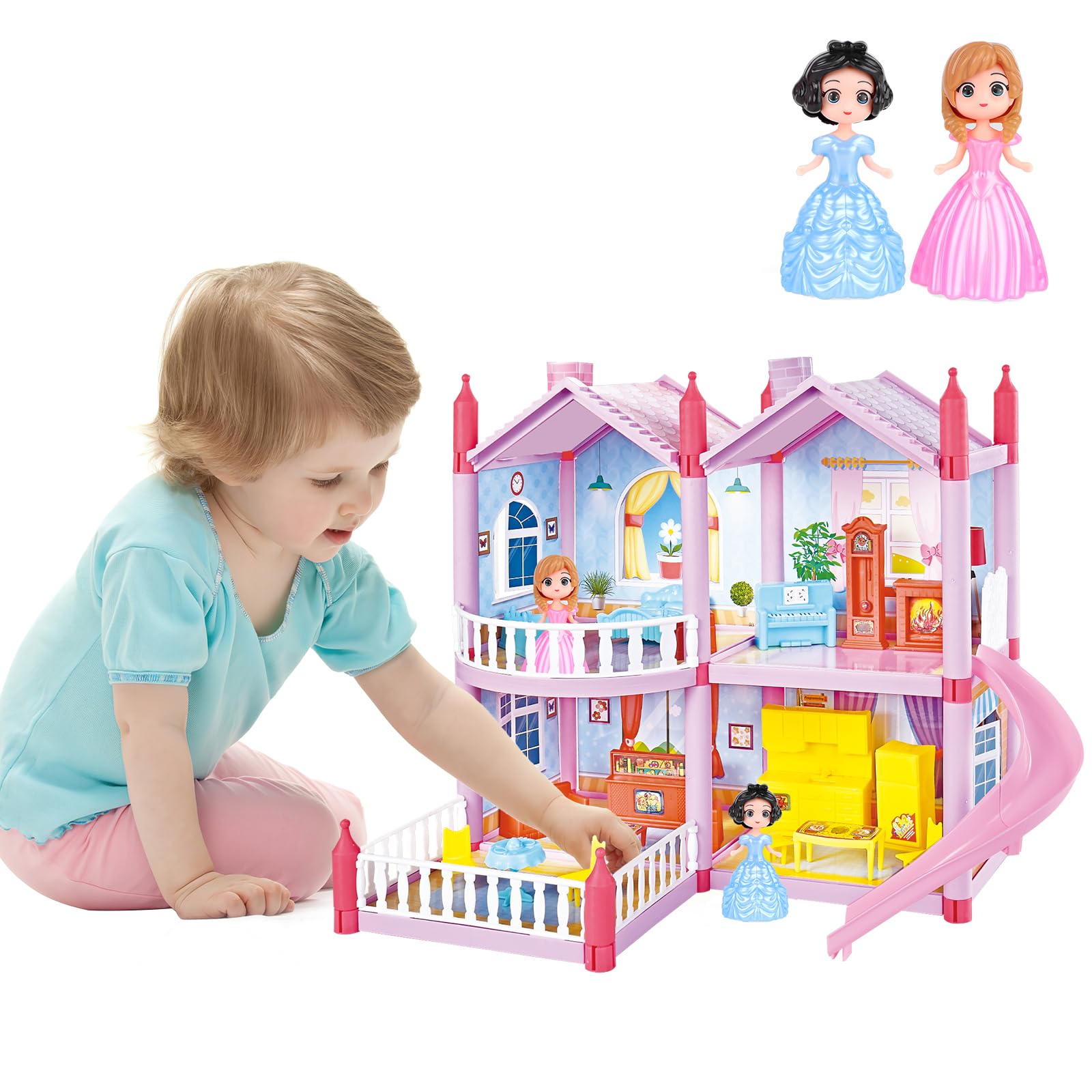 DeAO Casa Delle Bambole Sogno Rosa Con 2 Principesse, Arredi E Giardino | Regalo 2-8 Anni