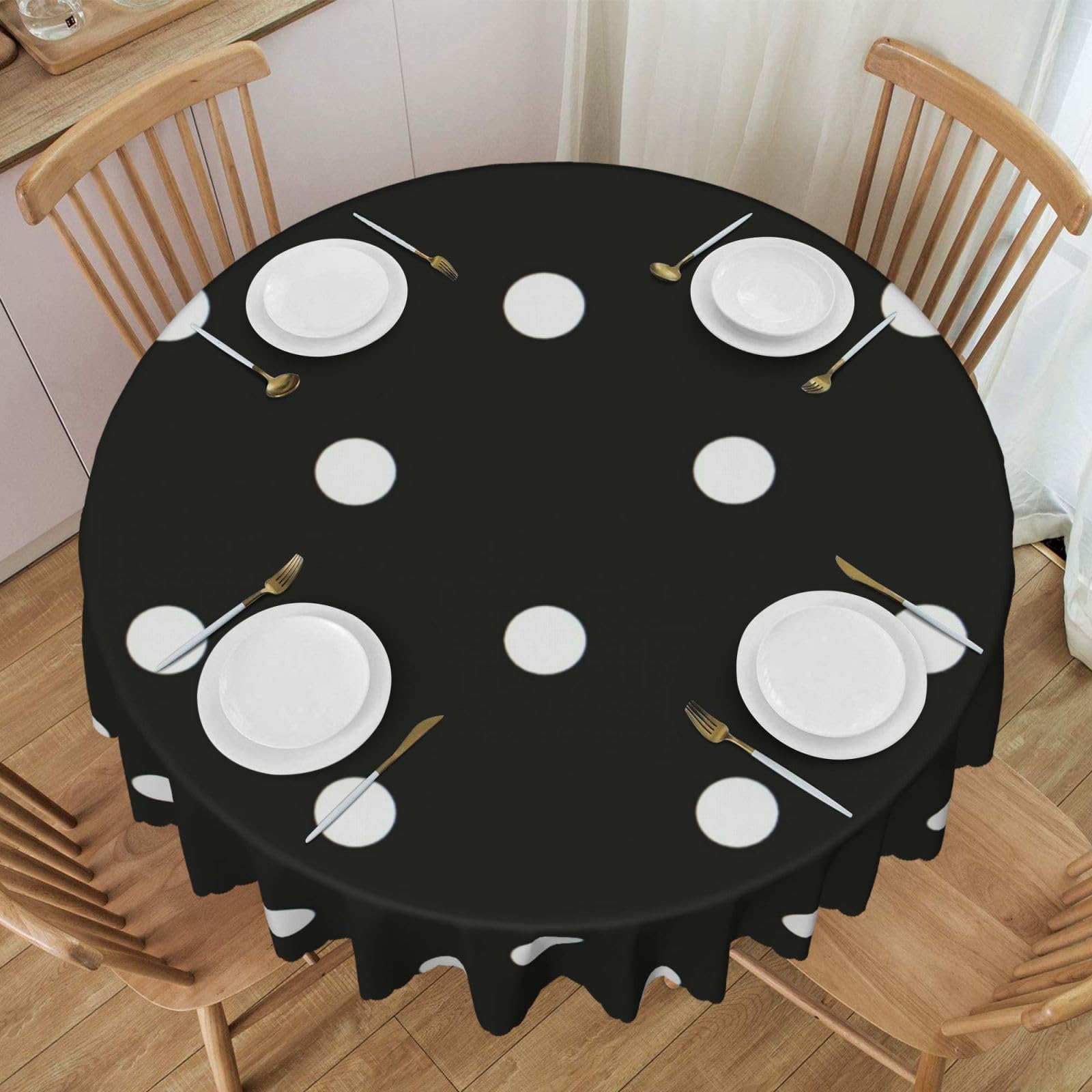DCEHGEW 60 In Round Tablecloth with Lace, Black And White Polka Dot Printed Oilproof & Washable Fabric Picnic Table Cloth Table Covers